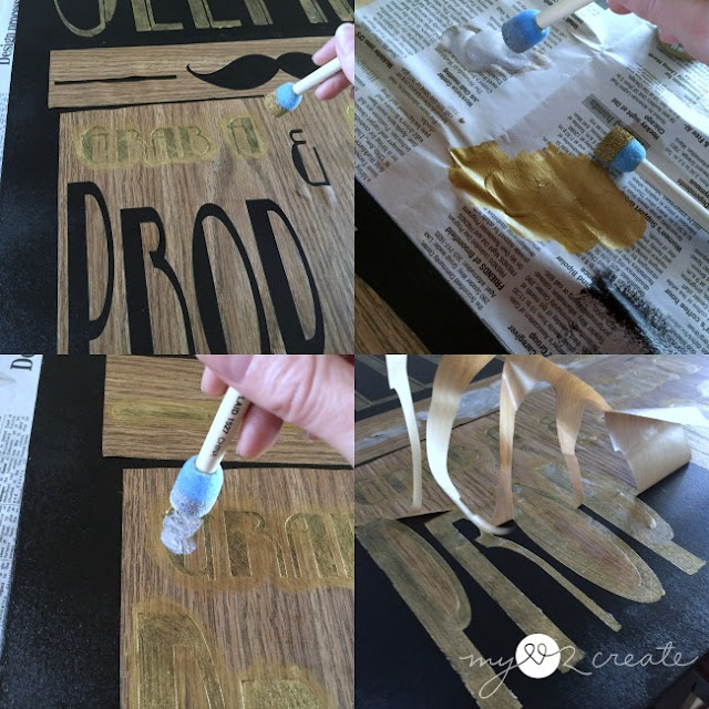 stenciling selfie sign with contact paper and gold/glitter paint