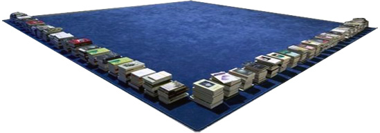 Gonzalez-Foerster: Tapis de Lecture (Enrique Vila-Matas) (2008), one midnight-blue moquette carpet, 300-500 books, dimensions variable.