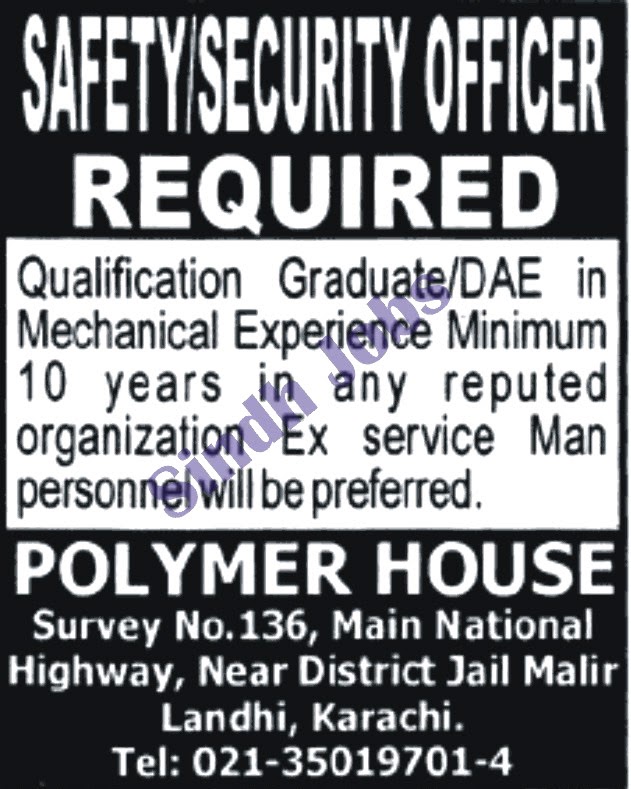 Sindh Jobs Safety/ Security Officer Job at Polymer House for Karachi Sindh