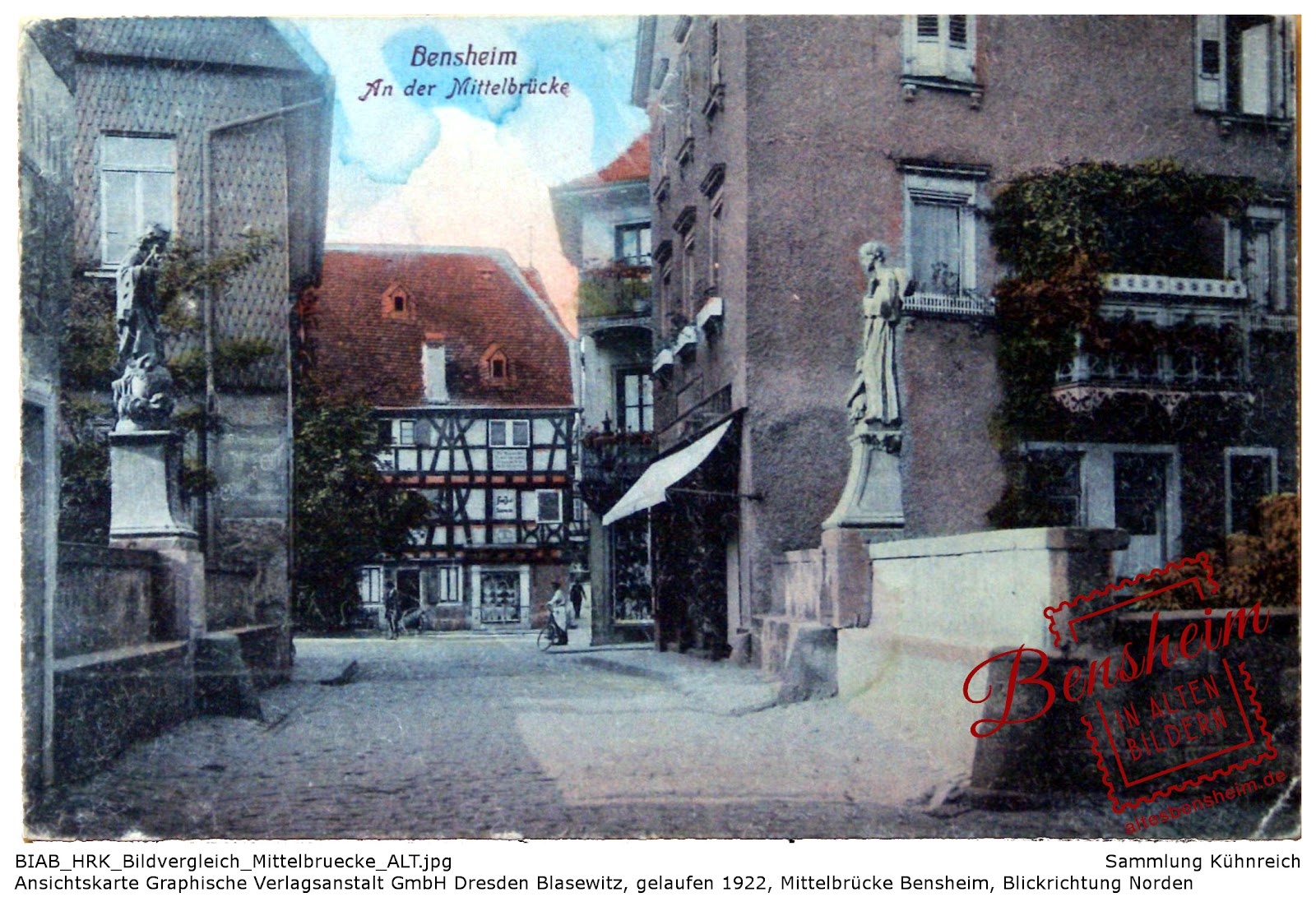 Ansichtskarte, gelaufen 1922, Mittelbrücke Bensheim, Graphische Verlagsanstalt GmbH Dresden-Blasewitz, Sammlung Kühnreich Ansichtskarte, gelaufen 1922, Mittelbrücke Bensheim, Graphische Verlagsanstalt GmbH Dresden-Blasewitz, Sammlung Kühnreich