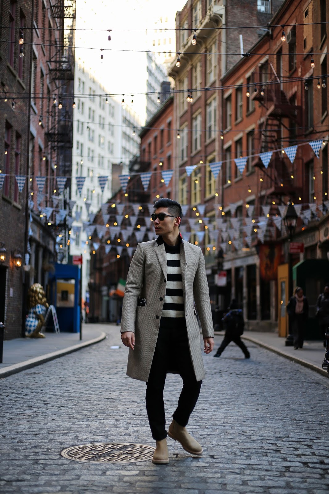 Levitate Style, menswear blogger, wearing Rag & Bone Dagger Topcoat and Striped Sweater, Commons Projects Chelsea Boots