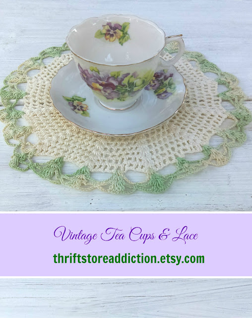 Find a lovely assortment of vintage tea cups, crocheted doilies and collars at thriftstoreaddiction.etsy.com vintage tea cups and lace