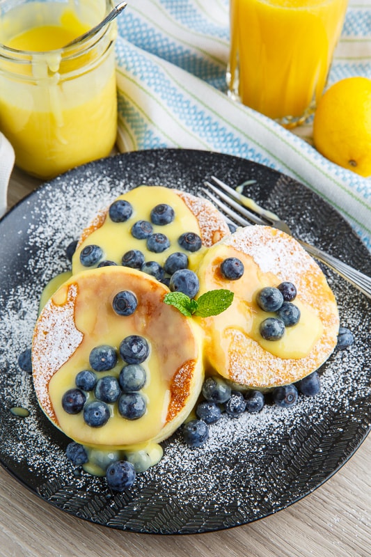 Japanese Souffle Pancakes with Lemon Curd and Blueberries