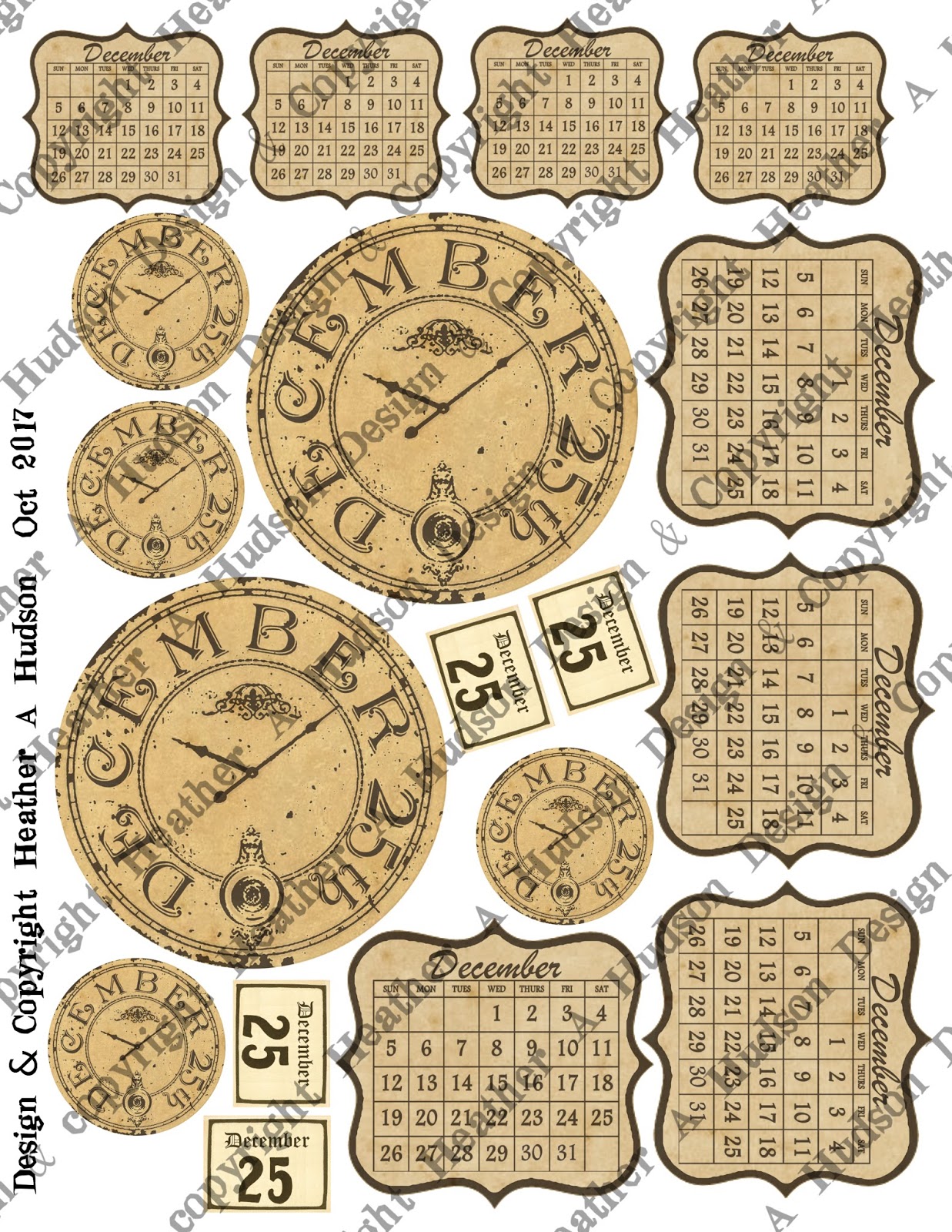 Heather A Hudson New Vintage December Calendar Digital Collage Sheet Set