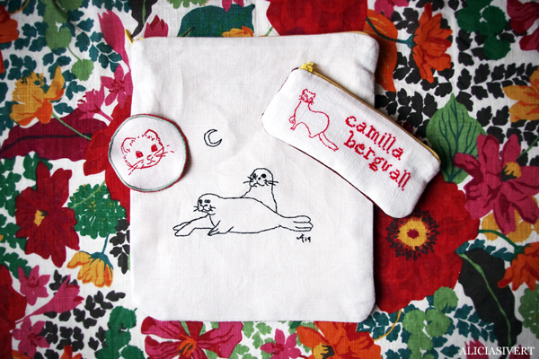 Embroidery by Alicia Sivert aliciasivert, alicia sivert, alicia sivertsson, mink, minkar, säl, sälar, seal, saksamlarpåse, saksamlarpåsar, pennskrin, pennfodral, broderi, hantverk, handarbete, textil, återburk, embroidery, needlework, handicraft, craft