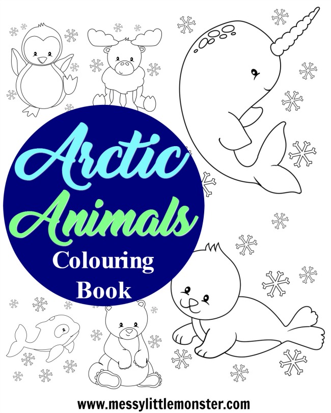 Arctic animal kids colouring pages to download (for free) and print out.  The free printables include a penguin, a reindeer or moose, a polar bear, an arctic fox, a whale, a narwhal and a seal. Great for toddler, preschoolers and big kids too as part of an arctic animal or winter project.