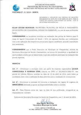 Prefeitura de Chapadinha por meio da secretaria municipal de Saúde anula seletivo de Agente Comunitário de Saúde.