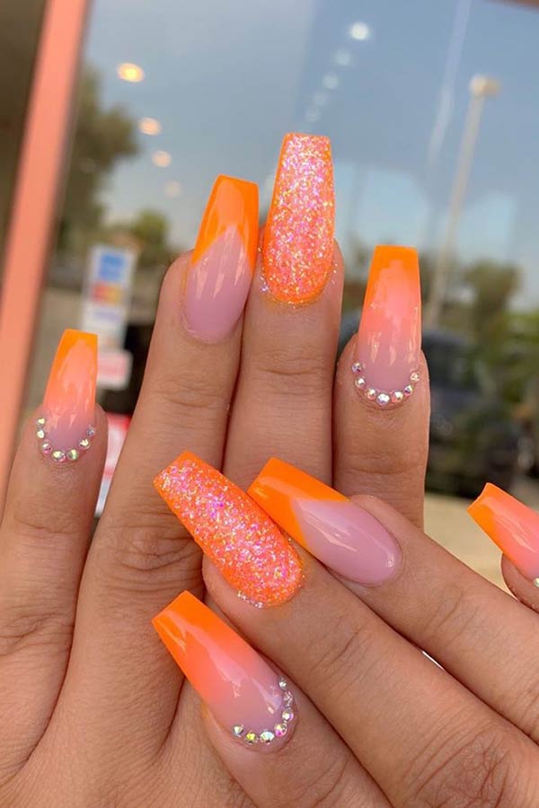Pink And Orange Acrylic Nails (bright yellow, orange, and hot pink
