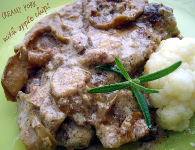 Creamy pork with apple chips by Laka kuharica: creamy and light apple sauce adds flavor to succulent pork steaks.