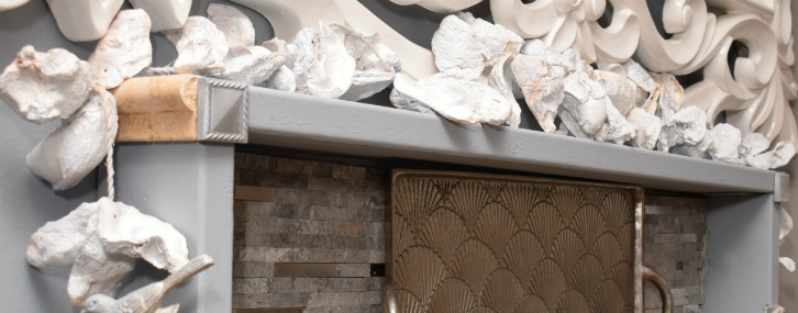 Painted Oyster Shells used in making a Holiday Garland on a Contemporary Wall Fireplace mantle