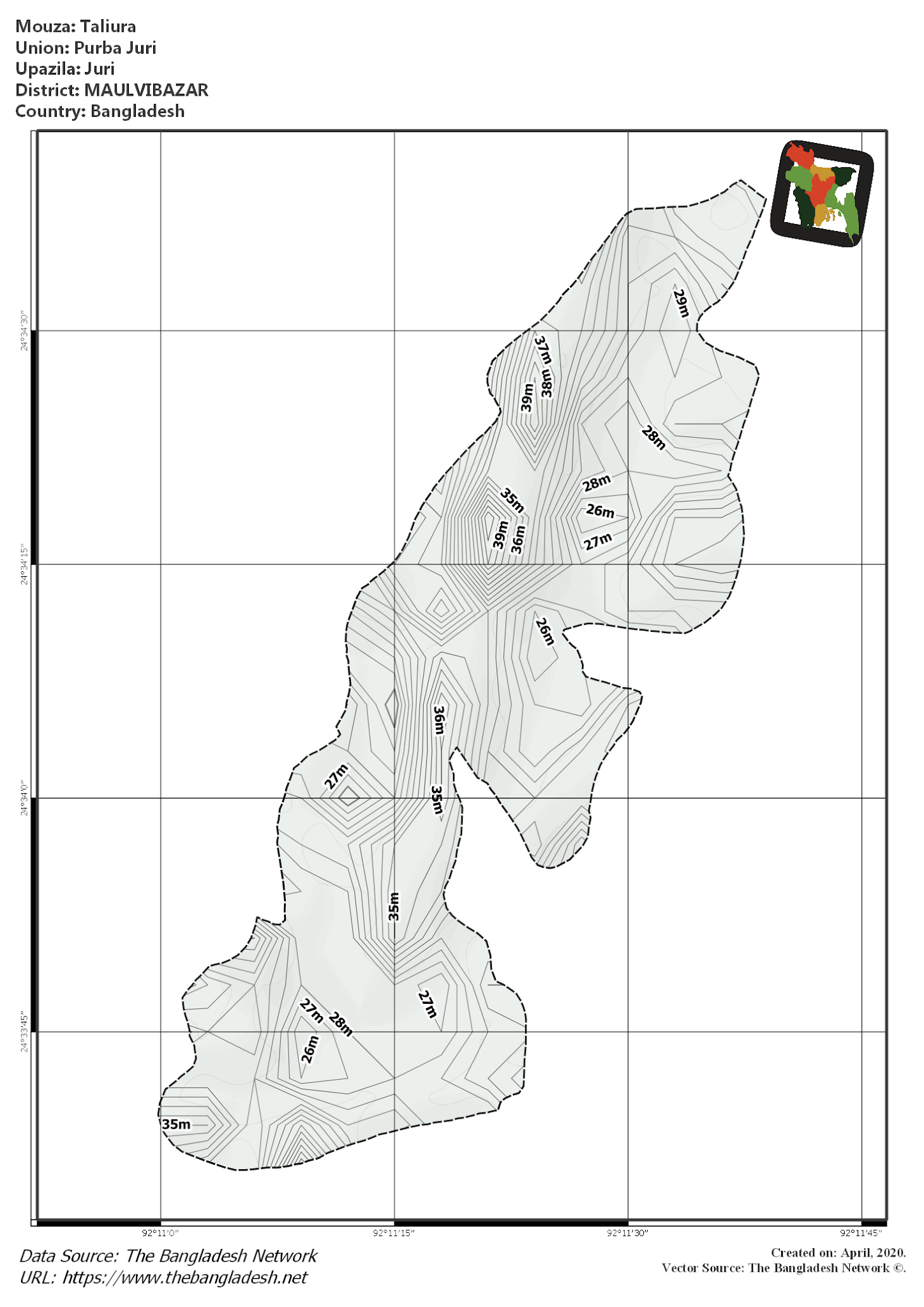 Map of Taliura Mouza of Juri Upazila, MOULVIBAZAR, Bangladesh.