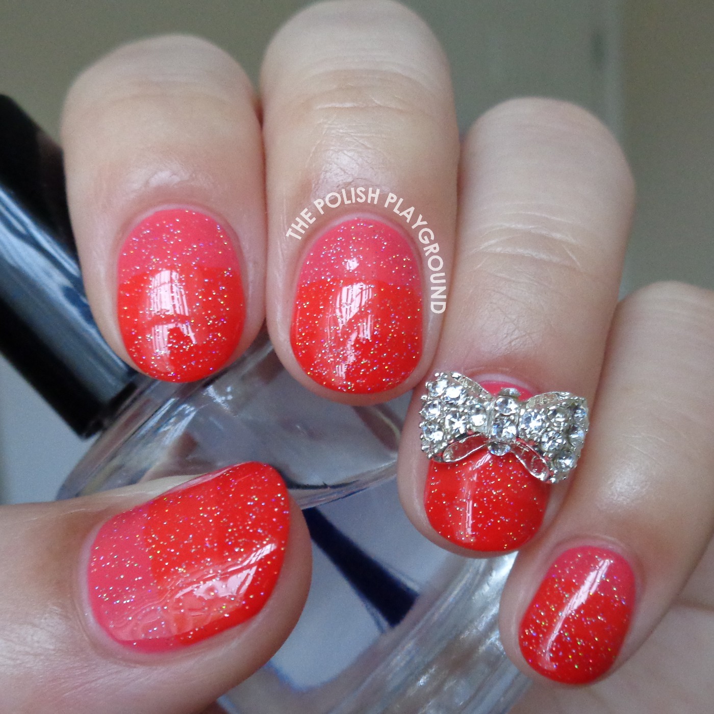 Monochromatic Pinky Red Stripe Gradient with Bow Stud Accent Nail Art