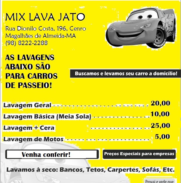 MIX LAVA JATO TABELA DE PREÇOS