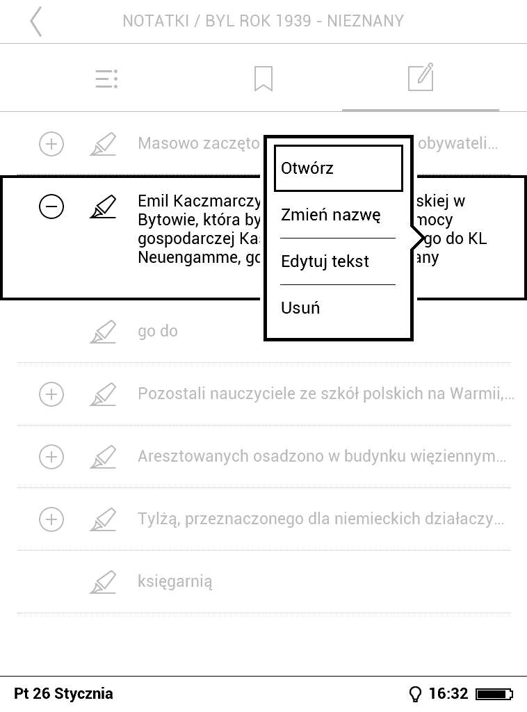 PocketBook Basic Lux - menu edycji notatki