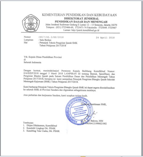 Juknis Penulisan / Pengisian Ijazah SMK Tahun 2018