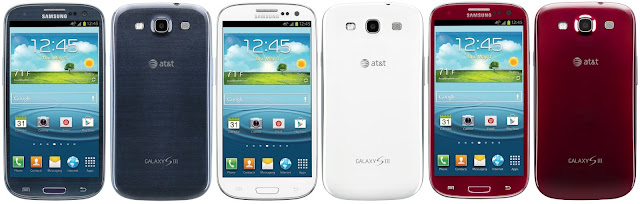 Samsung Galaxy S III para AT&T disponible en los colores piedra azul, marmol blanco y rojo granate