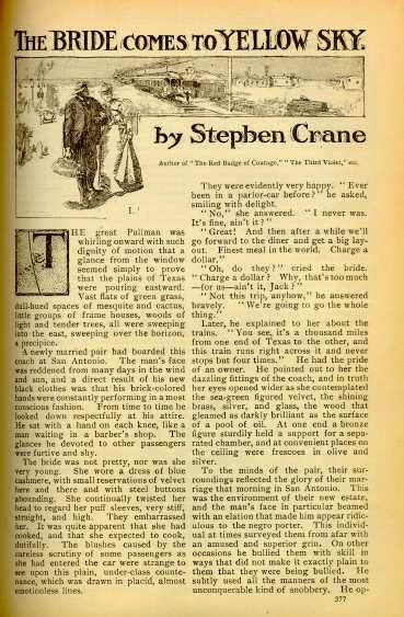 Stephen Crane - The Bride Comes to Yellow Sky by Stephen Crane - source:  http://etext.lib.virginia.edu/etcbin/toccer-new2?id=CraBrid.sgm&images=images/modeng&data=/texts/english/modeng/parsed&tag=public&part=all