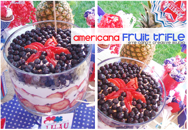 patriotic table, recipe for fruit trifle, red white & blue, memorial day, labor day, picnic