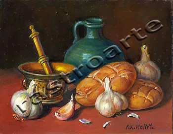 Bodegón con ajos, libretas de pan, almirez y vasija verde vidriada