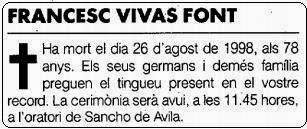 Esquela de Francesc Vivas i Font, en La Vanguardia del 27 de agosto de 1998