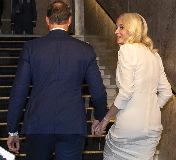 Crown Princess Mette-Marit wore a Pia Tjelta gown, Queen Sonja wore a Dundas chantilly lace-insert silk-georgette gown