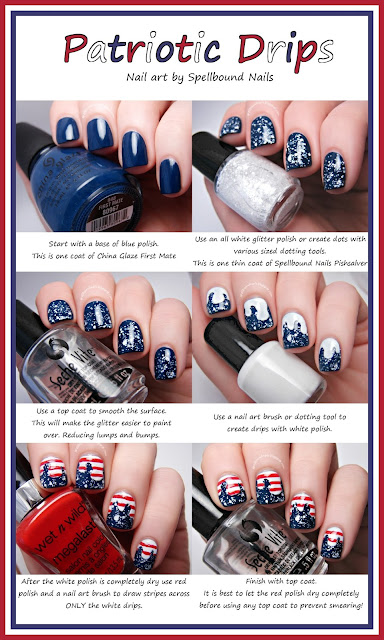 Patriotic Drips nail art Tutorial Spellbound Nails red white blue stripes glitter America Independence Day 4th of July
