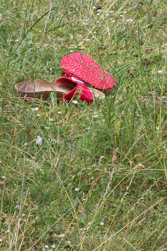 red slippers in the grass