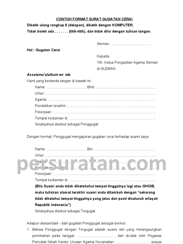 Contoh Surat Gugatan Cerai Istri Kepada Suami Pdf Contoh