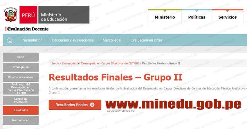 MINEDU: Resultados Finales Evaluación Desempeño Cargos Directivos de CETPRO - GRUPO II (12 Diciembre 2018) www.minedu.gob.pe MINEDU: Resultados Finales Evaluación Desempeño Cargos Directivos de CETPRO - GRUPO II (12 Diciembre 2018) www.minedu.gob.pe