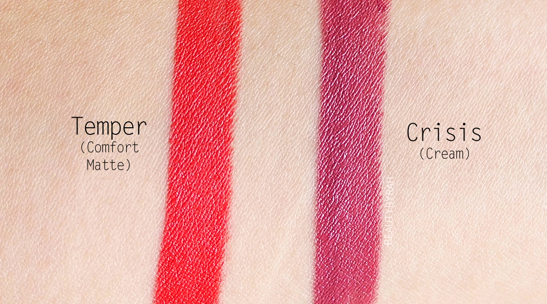 Urban Decay Vice Lipstick in Temper and Crisis Swatches