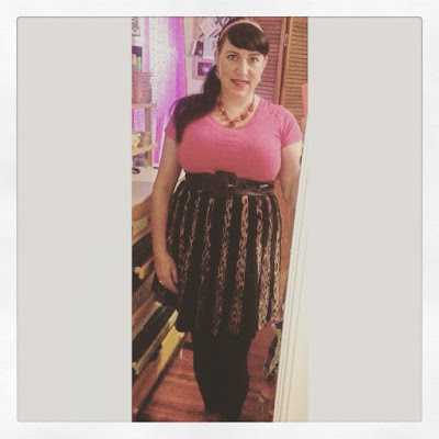Pink Family Dollar $5 tshirt and leopard print skirt pin up style ootd plus size outfit for work