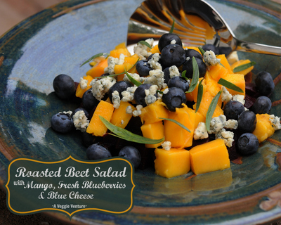 Roasted Beet Salad with Fresh Mango, Blueberries & Blue Cheese, another easy summer salad ♥ AVeggieVenture.com. Just Five Ingredients. Weeknight Easy. Beautiful Summer Color. Weight Watchers Friendly. Gluten Free.