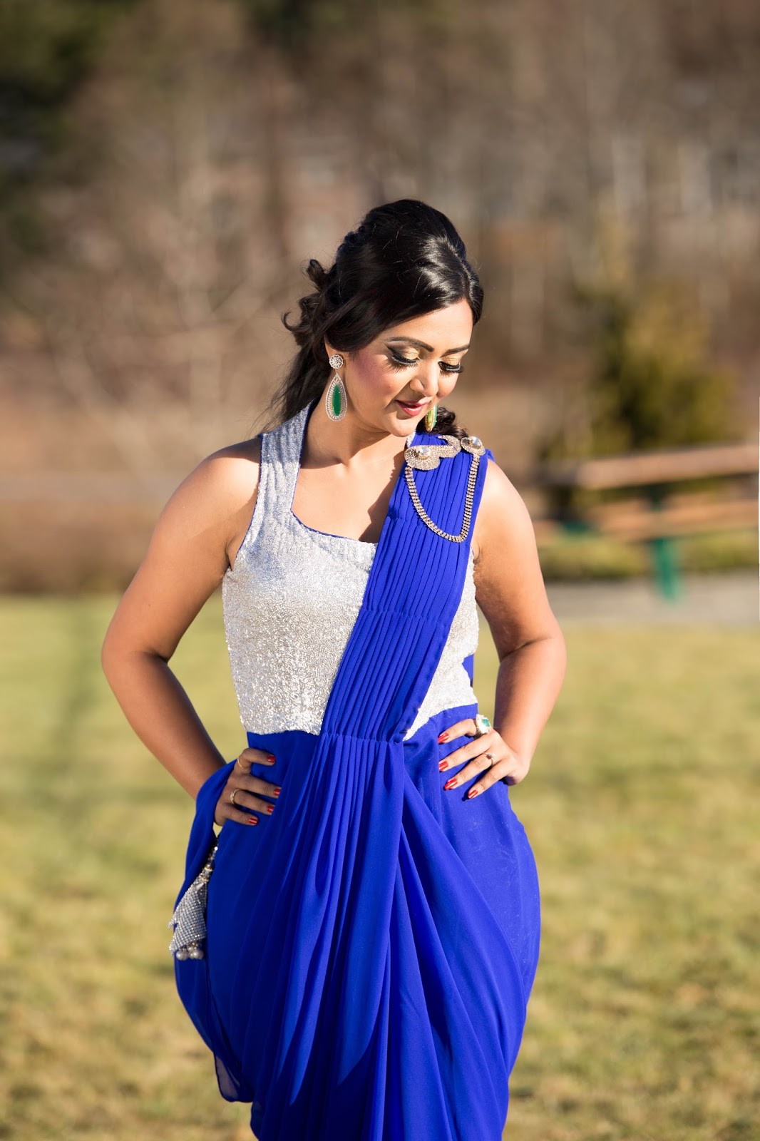 saree gown, seattle boutique, ananya in a saree, beautiful indian girl in saree, indo western look, blue saree, blue gown 