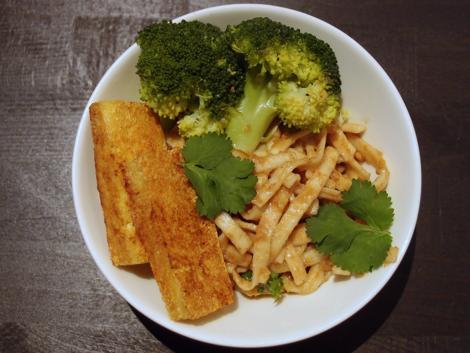 The VegHog Udon noodles in peanut sauce with tofu and broccoli