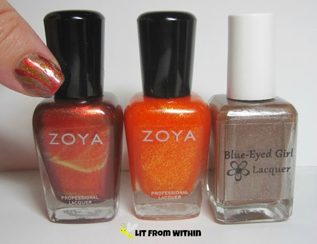 Bottle shot:  Zoya Channing and OC Cooler, and Blue-Eyed Girl Lacquers I'm Going Through Some...Changes