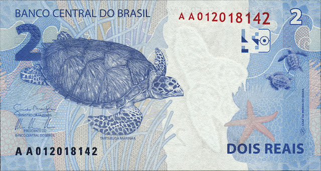 Brazilian Currency 2 Reals banknote 2010 Hawksbill Sea Turtles swimming among corals and starfish