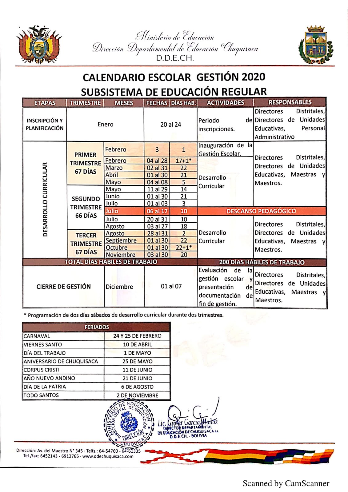 CALENDARIO ESCOLAR PARA LA GESTIÓN EDUCATIVA 2020 Profes de Bolivia