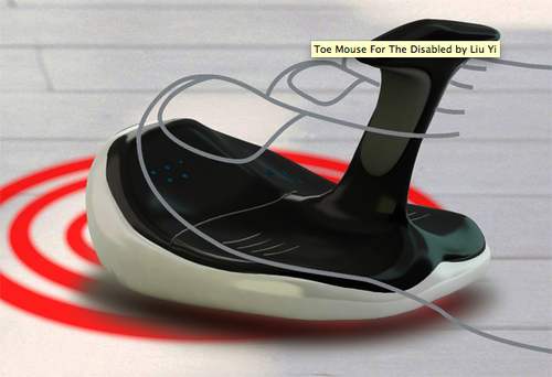Photo of "Toe Mouse" computer controller, with drawing of foot superimposed