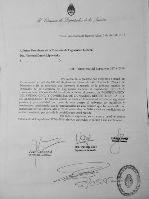 Vanesa Siley y Juan Cabandié presentaron nota para que en la próxima reunión de la comisión de Legislación General se le de tratamiento al proyecto de modificación de la Ley de Alquileres