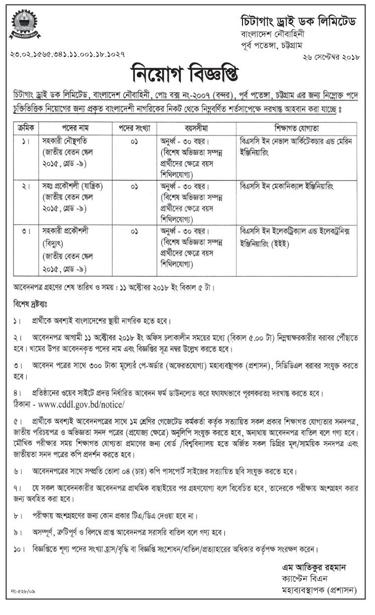 Chittagong Dry Dock Limited job circular 2018