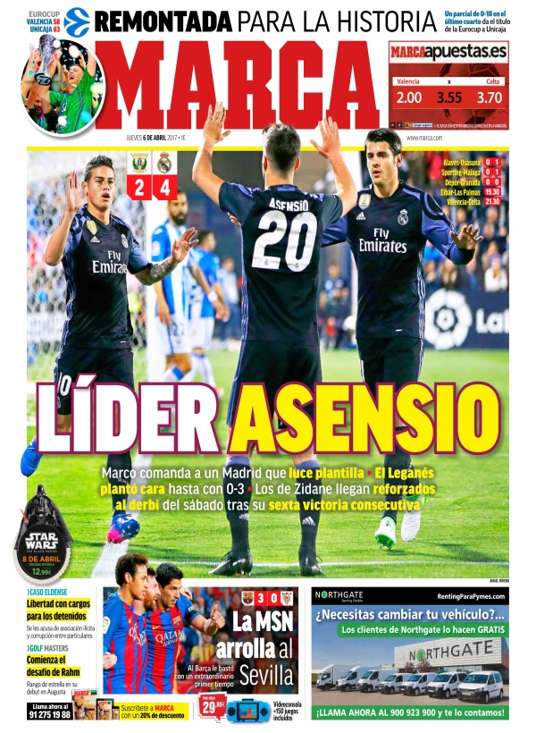 Real Madrid, Marca: "Líder Asensio"