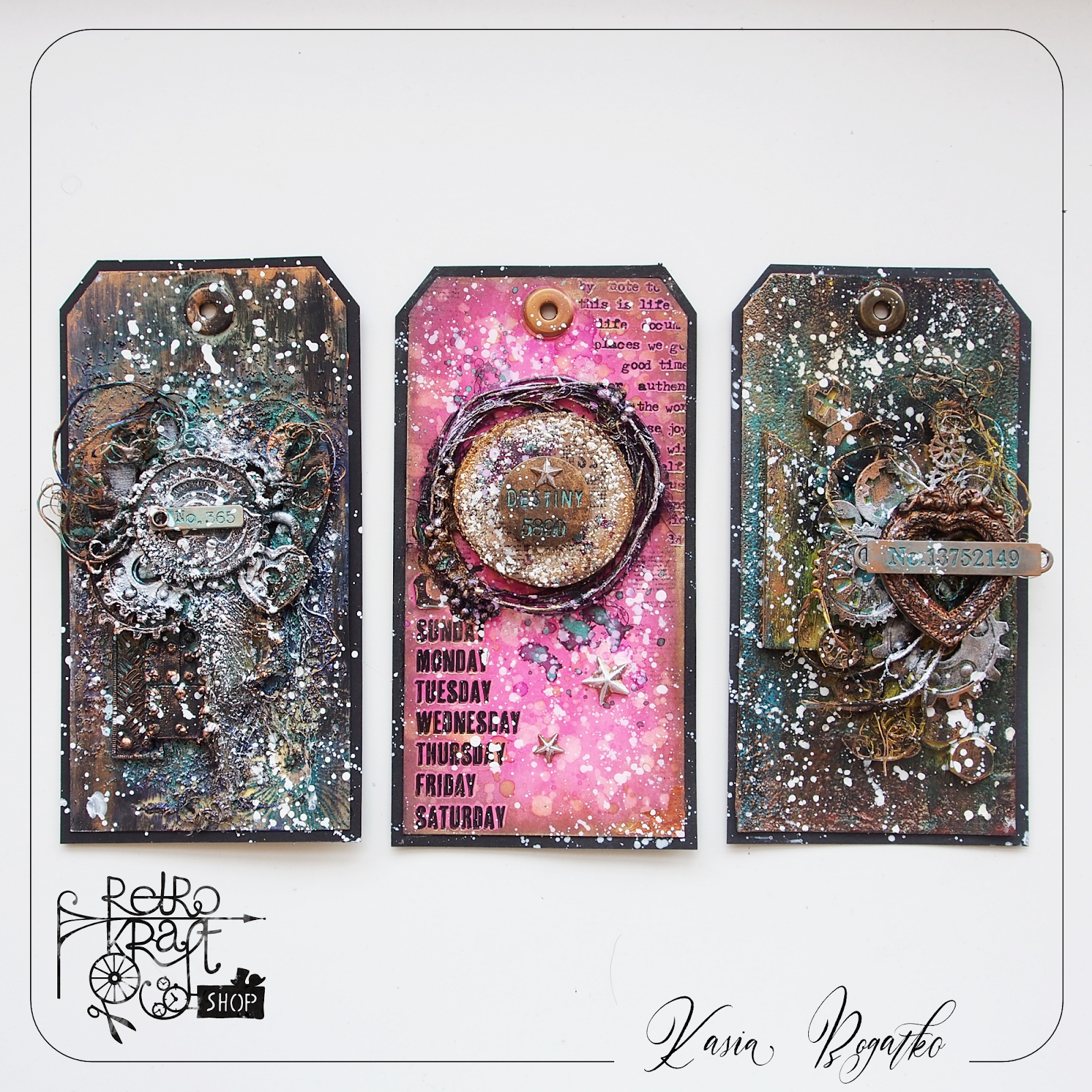 created by Kasia Bogatko Trio of mixed media tags for Retro Kraft