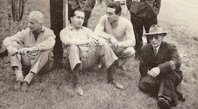 Alberto Ascari (centre), pictured a few weeks before his fatal crash with his friends Luigi Villoresi (left), Eugenio  Castellotti (right) and the famous engineer Vittorio Jano.