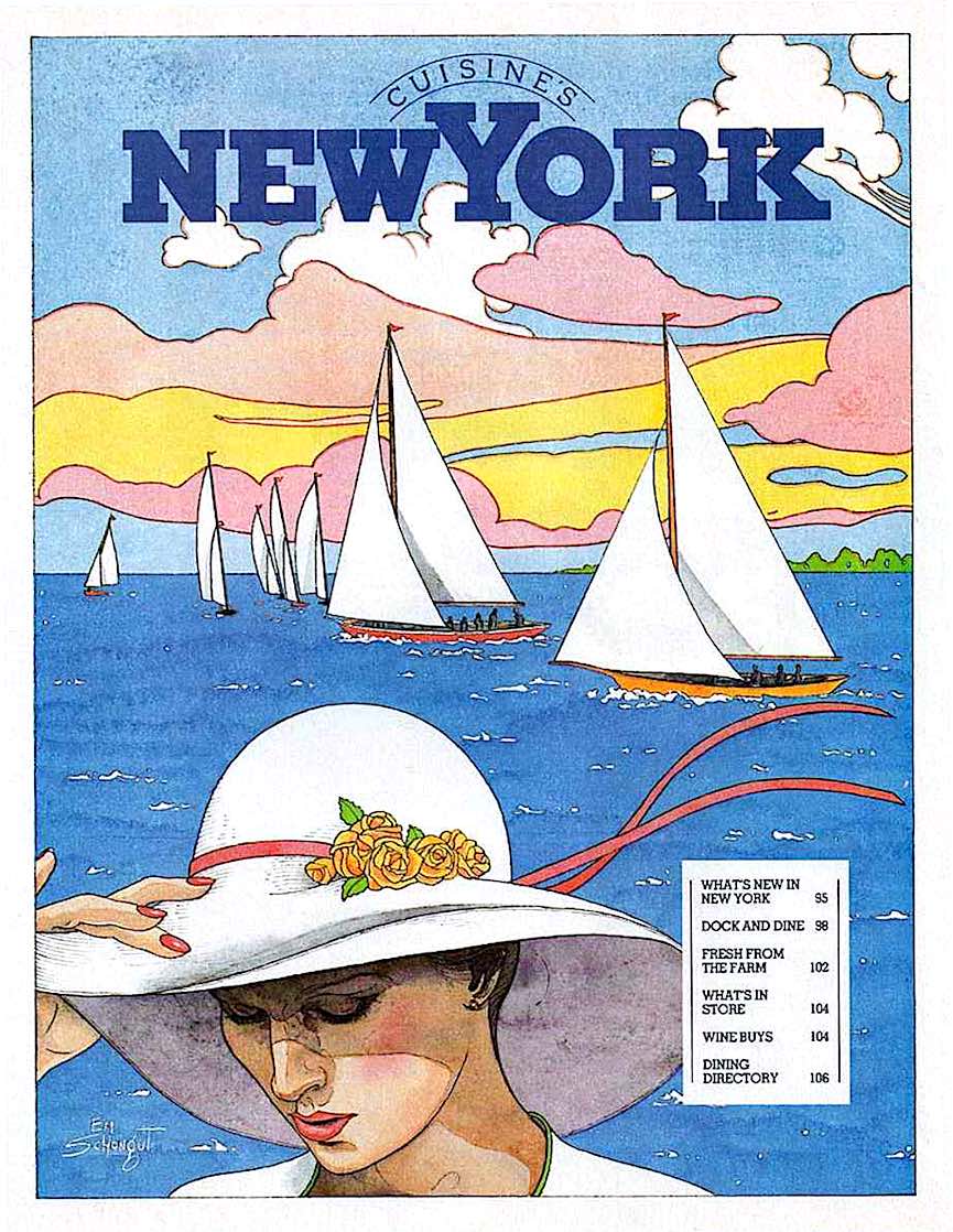 Emanuel Schongut 1970s a 1970s Emanuel Schongut watercolor illustration for Cuisine's NewYork, sailboats