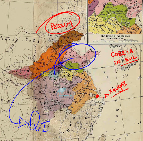 Mapa indicando a província de Qi (ou Ch'i), no Período das Primaveras e Outonos da China Antiga