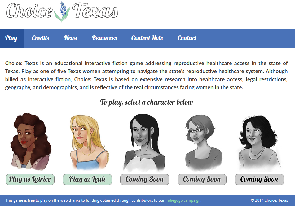 Play Choice: Texas home page. Choice: Texas Latrice and Leah stories available.