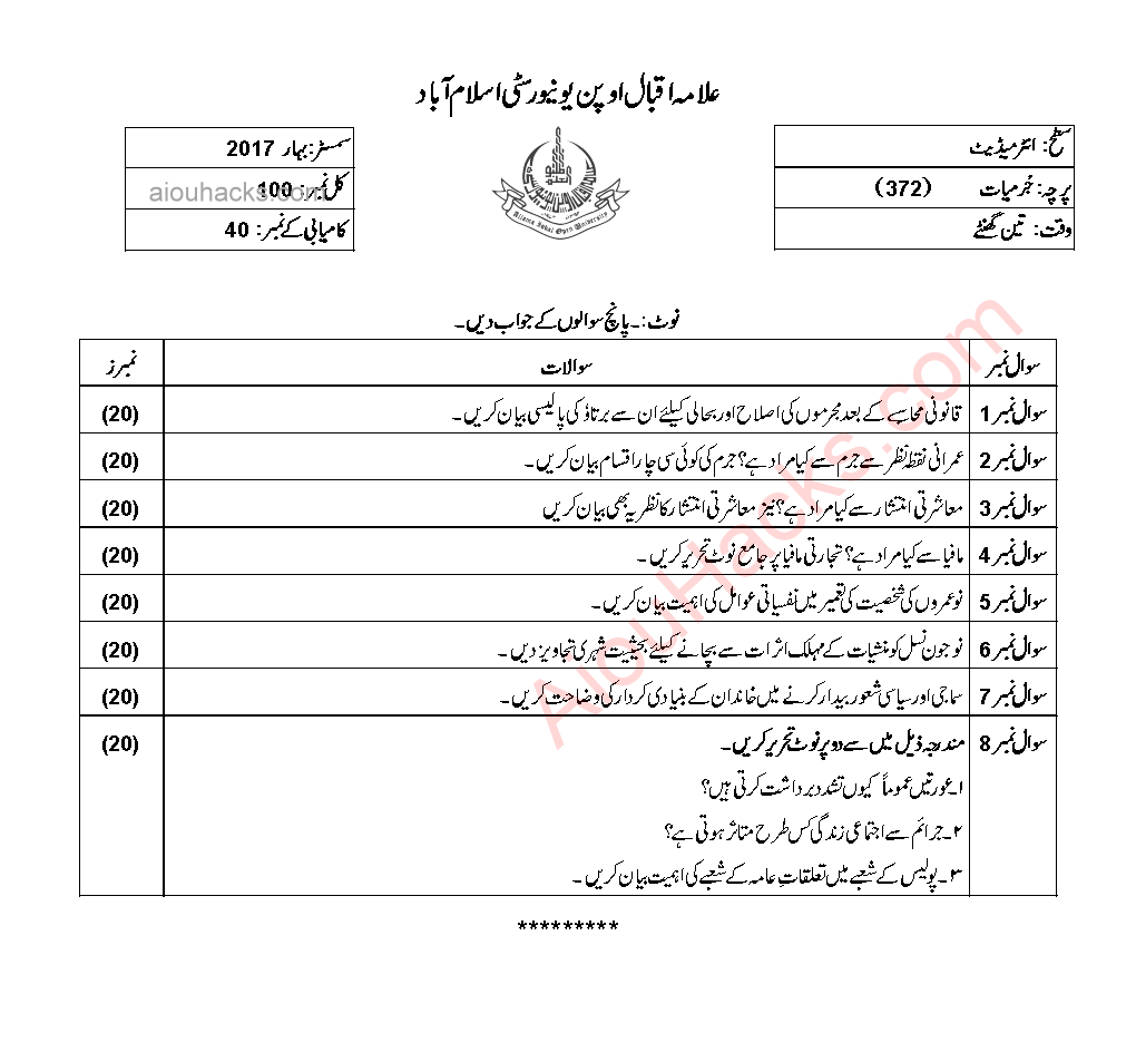 FA Intermediate Criminology 372 Past Papers