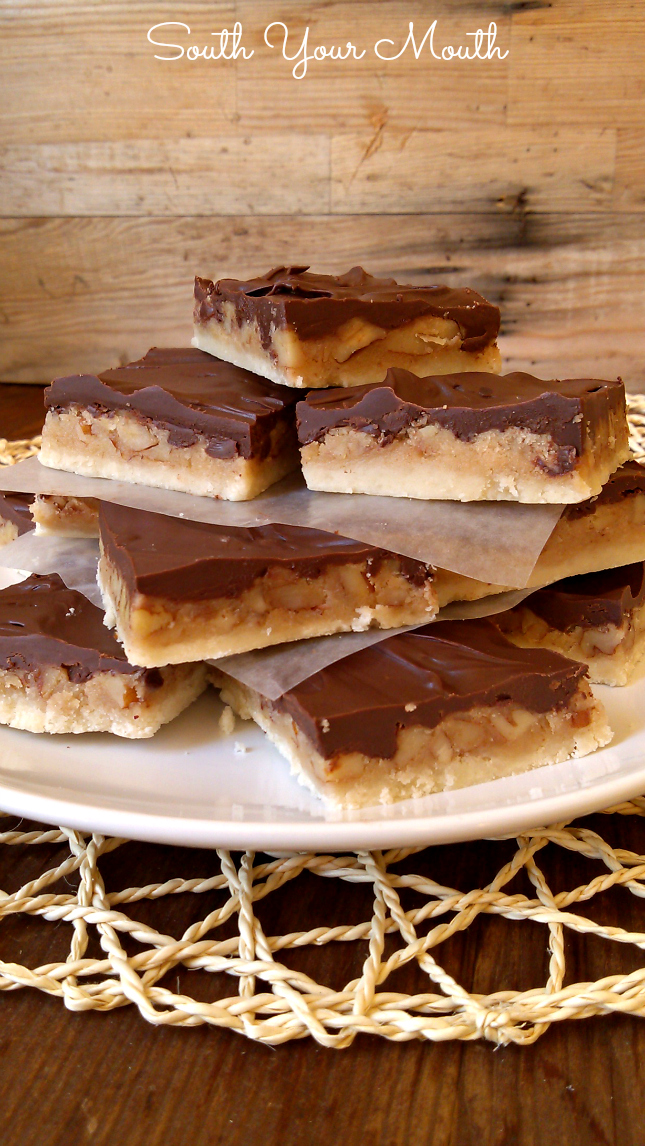 Salted Caramel Turtle Bars. A tender shortbread crust that’s topped with pecans and coarse-grain salt, an easy homemade caramel layer and finished off with melted chocolate. You won’t believe how easy these are to make and they look and taste like something from a la-tee-da bakery!