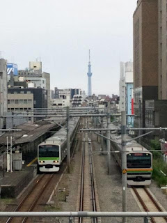 大塚「空蝉橋」から見た線路ごしの、東京スカイツリー、山手線と湘南新宿ライン。