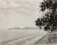 charcoal painting of a seascape from Langkawi by Manju Panchal